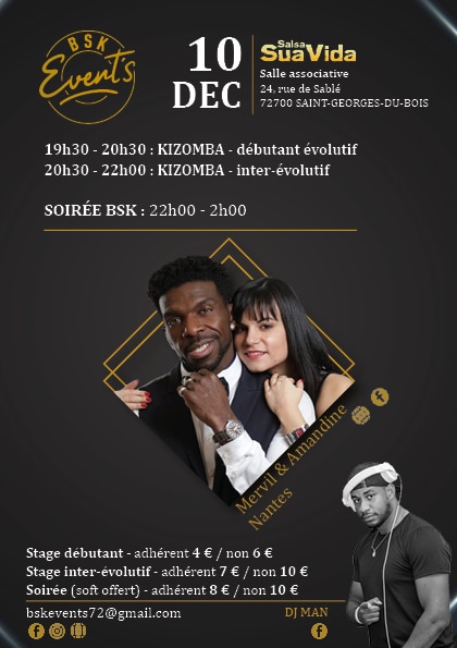 L'affiche de la soirée de décembre avec Mervil et Amandine mixée par DJ Man en partenariat avec BSK Event's.